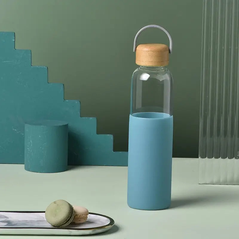 Bamboo Lid Glass Water Bottle - Blue / 21oz