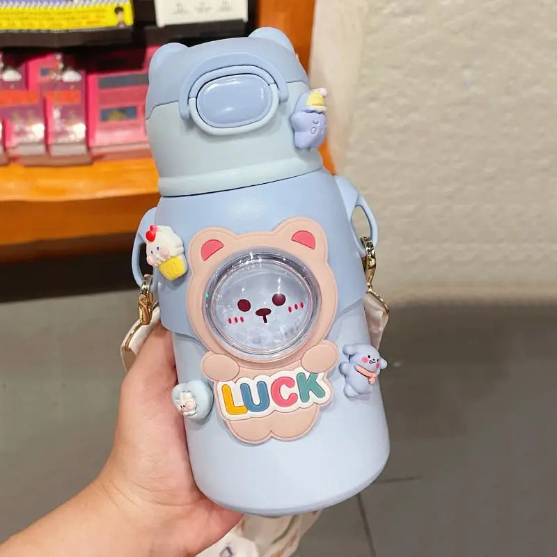 Cute Strap Kids Water Bottle - 520ml / Blue With 3D Sticker