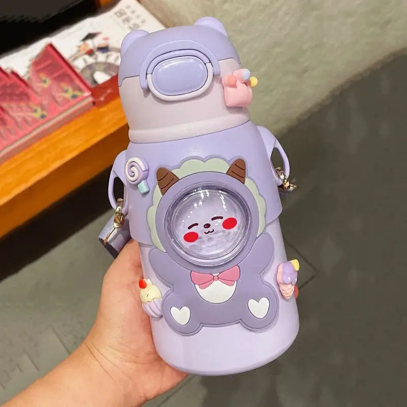 Cute Strap Kids Water Bottle - 520ml / Purple With 3D
