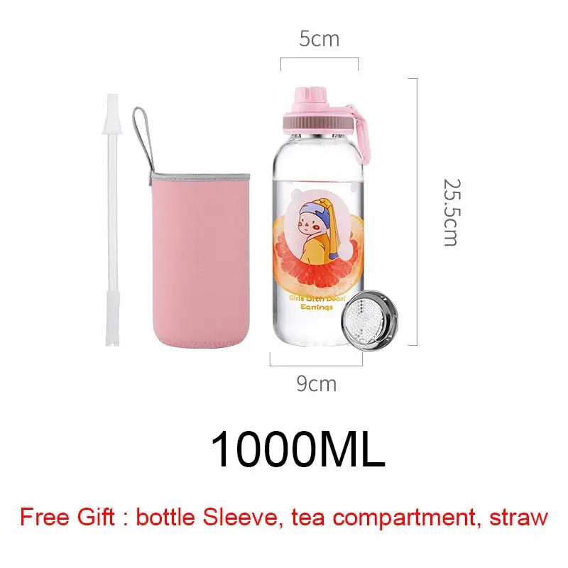 Kids Glass Water Bottle - 700-1000ml / 1L Pink