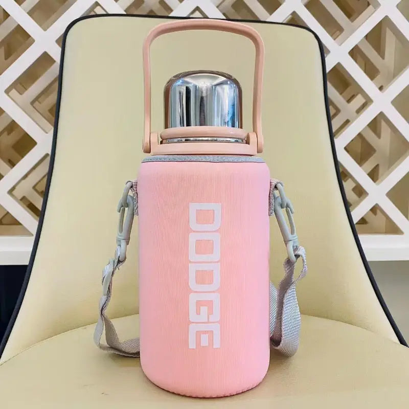 Stainless Steel Water Bottle with Handle - Pink with Cup Bag