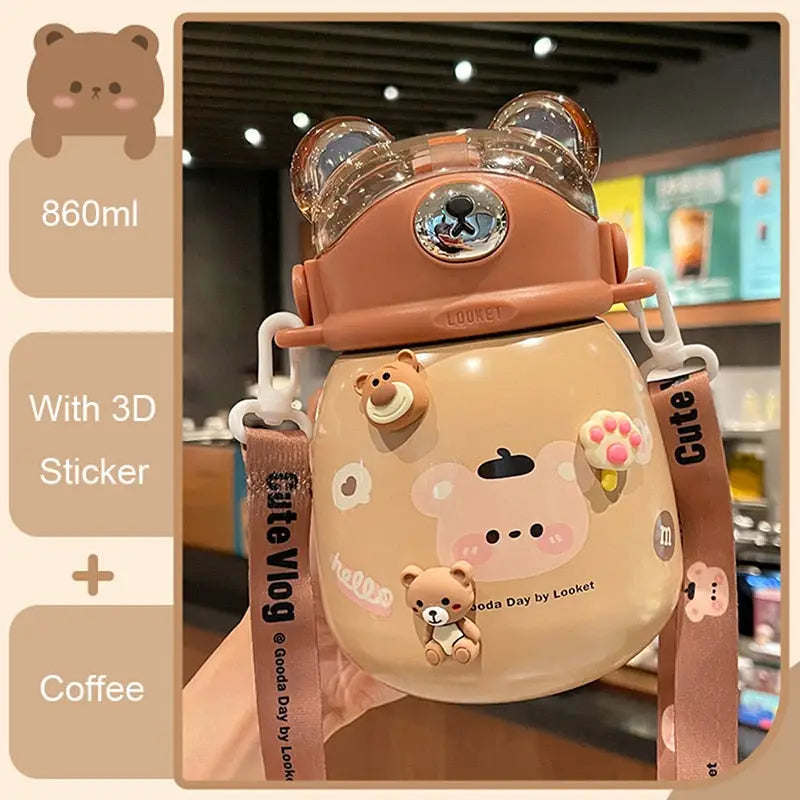 Thermal Bear Kids Water Bottle - 860ml / Coffee And Sticker