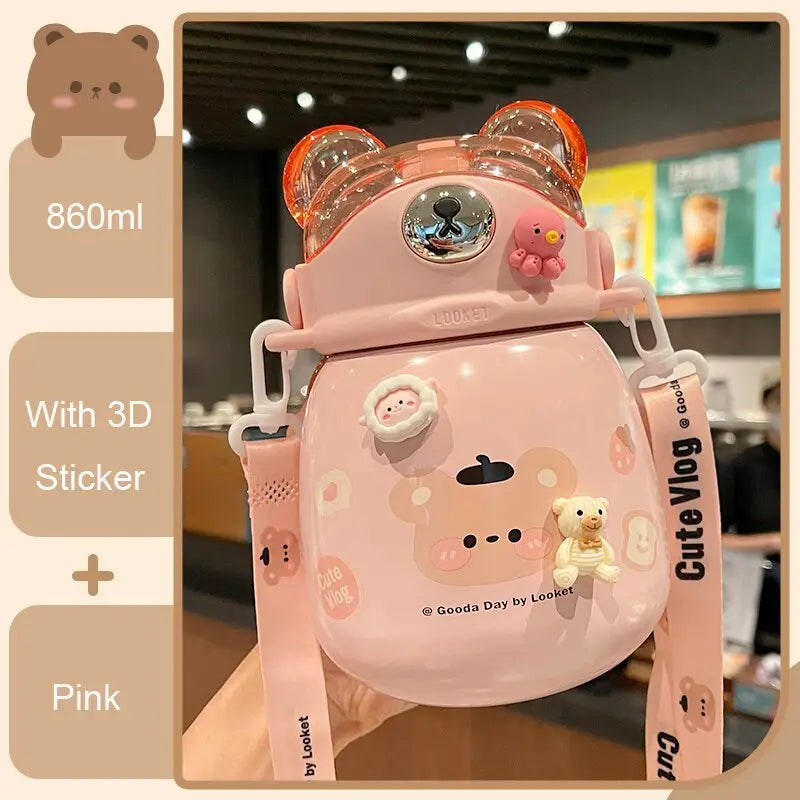 Thermal Bear Kids Water Bottle - 860ml / Pink And Sticker