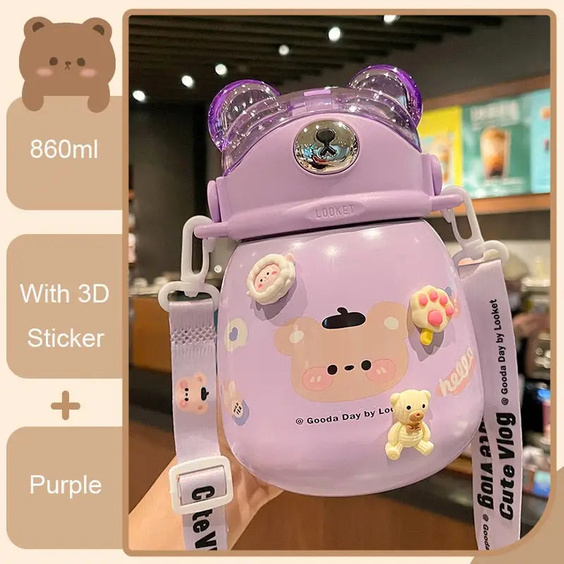 Thermal Bear Kids Water Bottle - 860ml / Purple And Sticker