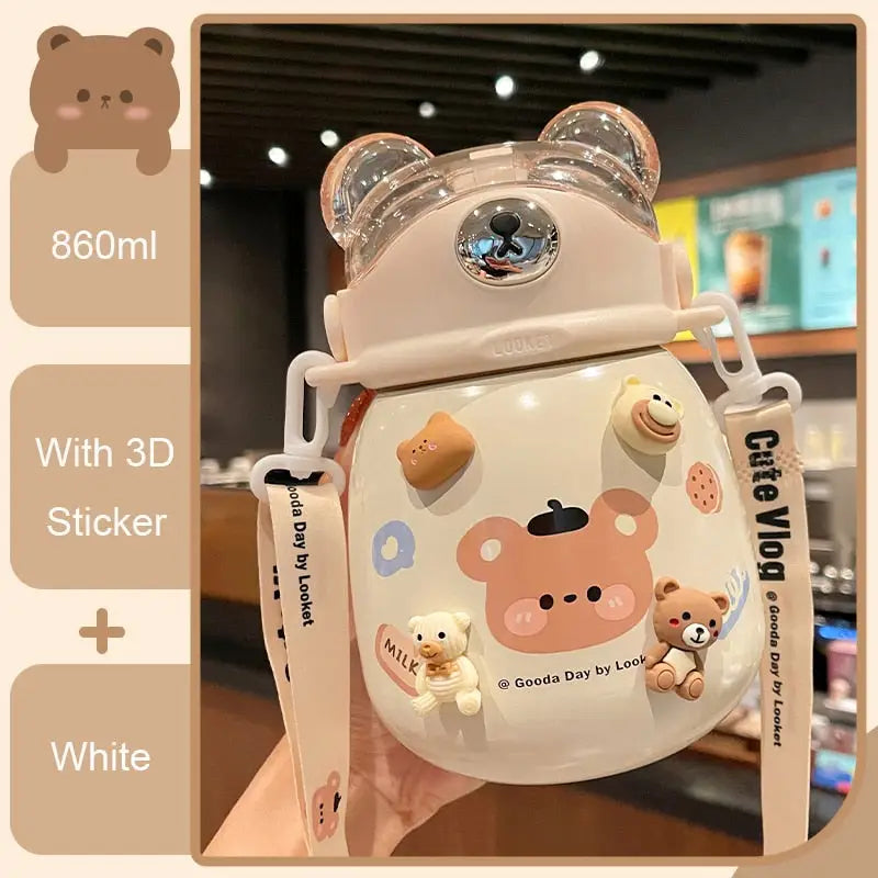 Thermal Bear Kids Water Bottle - 860ml / White And Sticker