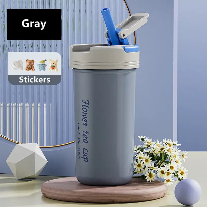 Vacuum Flask Coffee Thermos - 430ml / Gray With Stickers