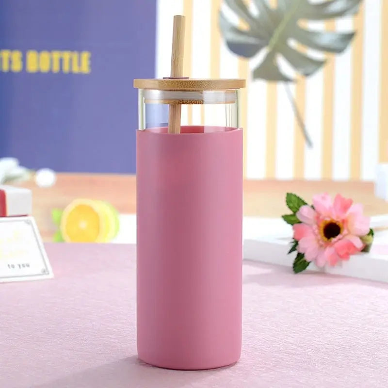 Bamboo Glass Water Bottle - Pink / 600ml