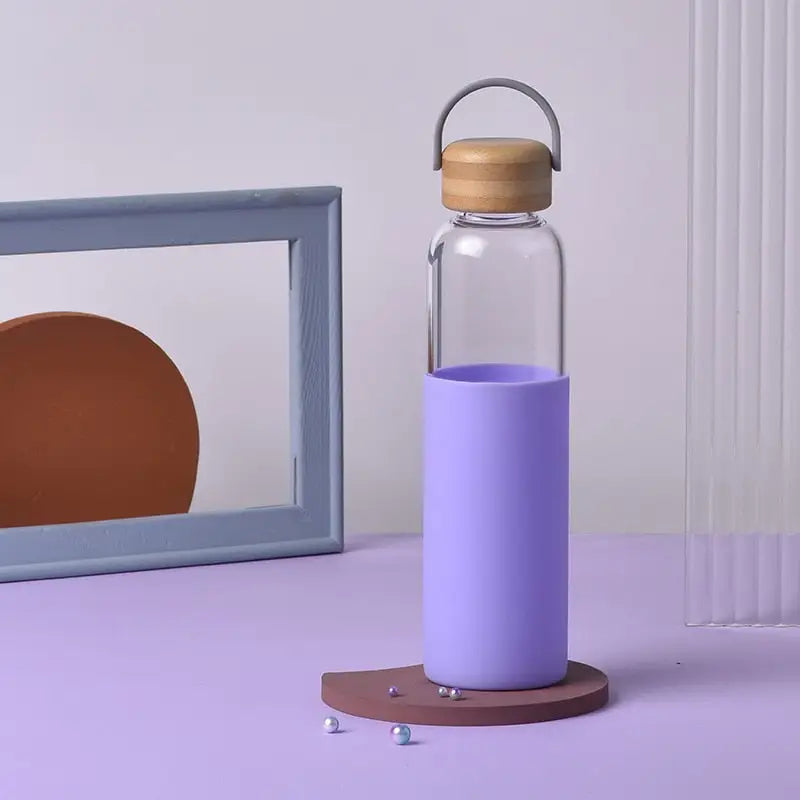 Bamboo Lid Glass Water Bottle - Purple / 21oz