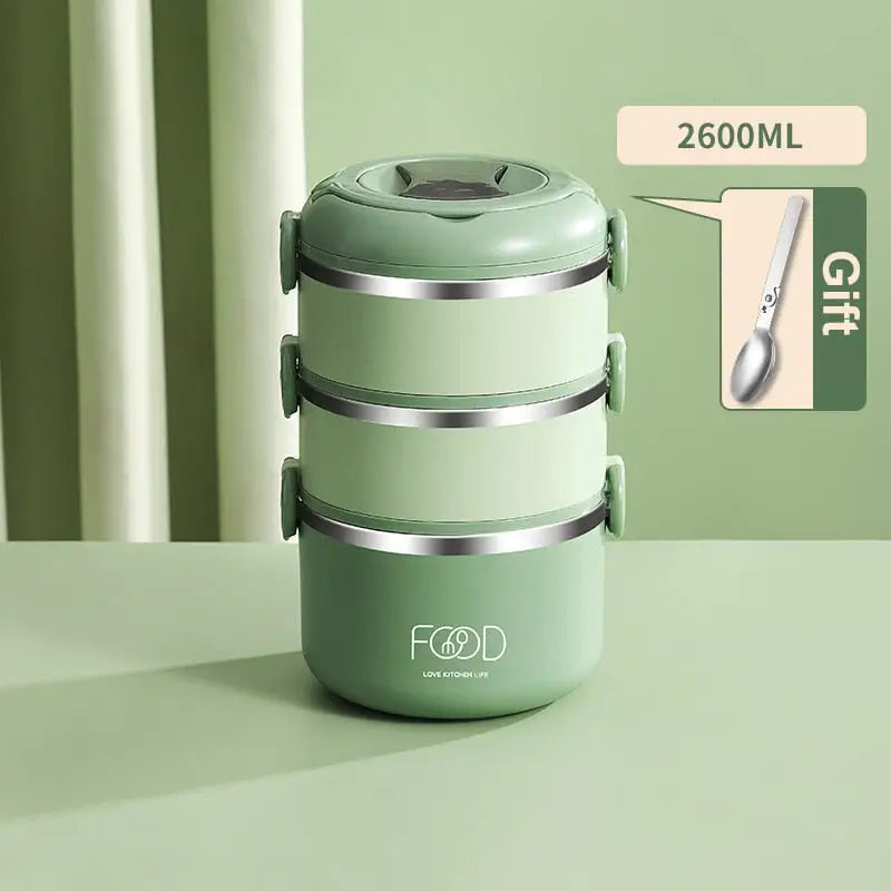 Bento Lunch Box Stainless Steel - Three Layers-Green