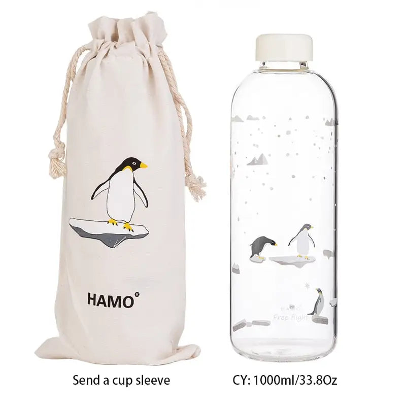 Cute Kids Glass Water Bottle - Penguin 1000ml