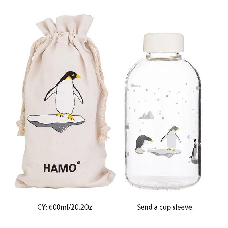 Cute Kids Glass Water Bottle - Penguin 600ml