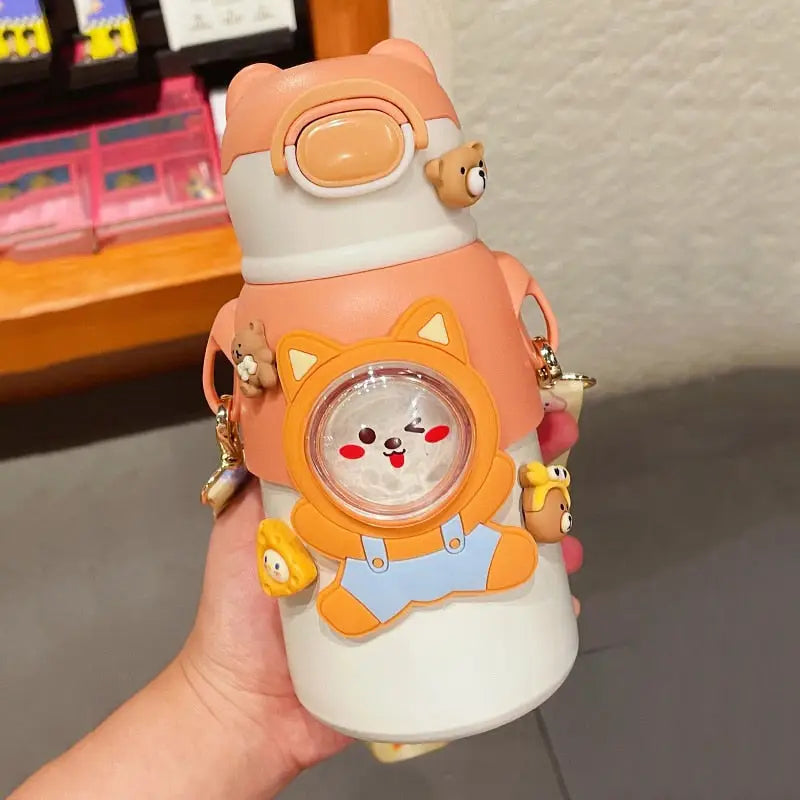 Cute Strap Kids Water Bottle - 520ml / Orange With 3D