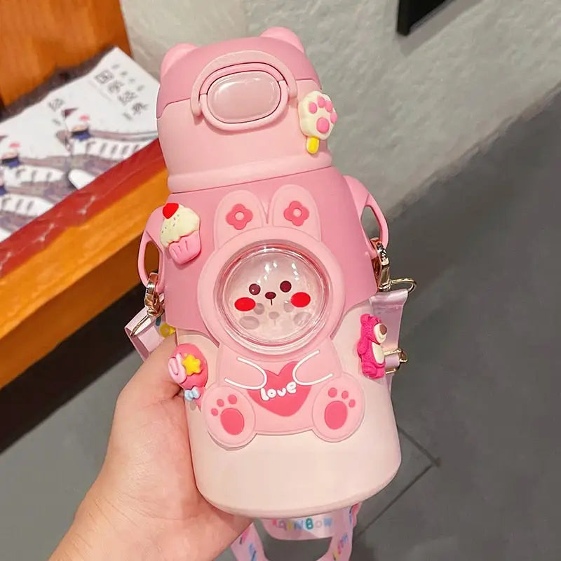 Cute Strap Kids Water Bottle - 520ml / Pink With 3D Sticker