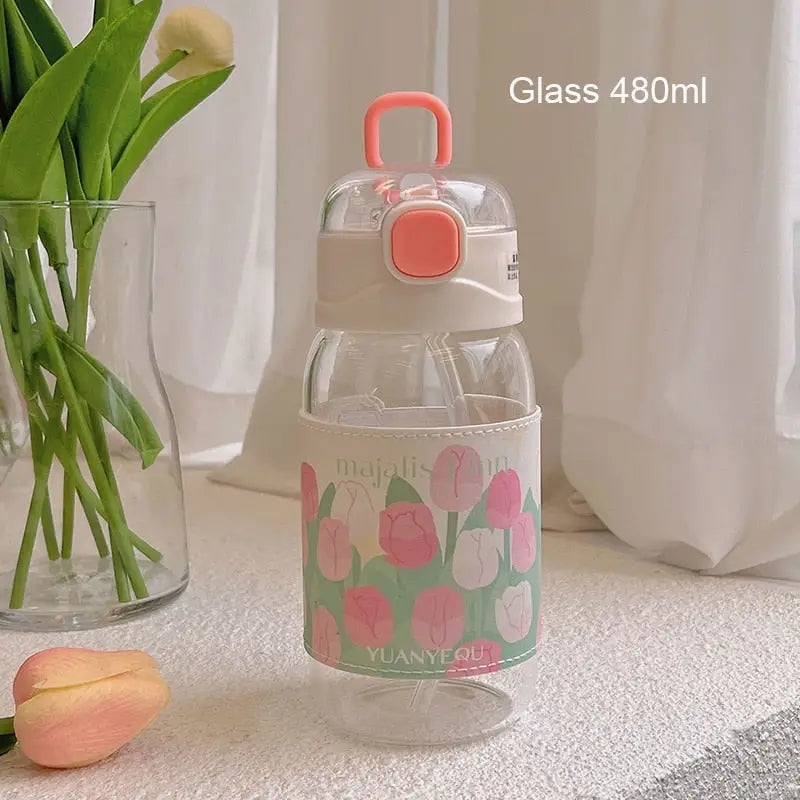 Flower Kids Water Bottle - Pink Glass 480ml