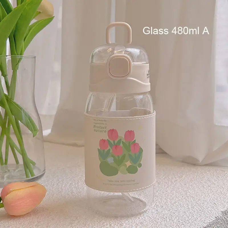 Flower Kids Water Bottle - White Glass 480ml