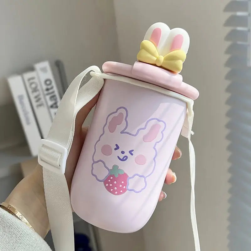 Kids Kawaii Water Bottle with Strap - 450ml / Purple Bunny