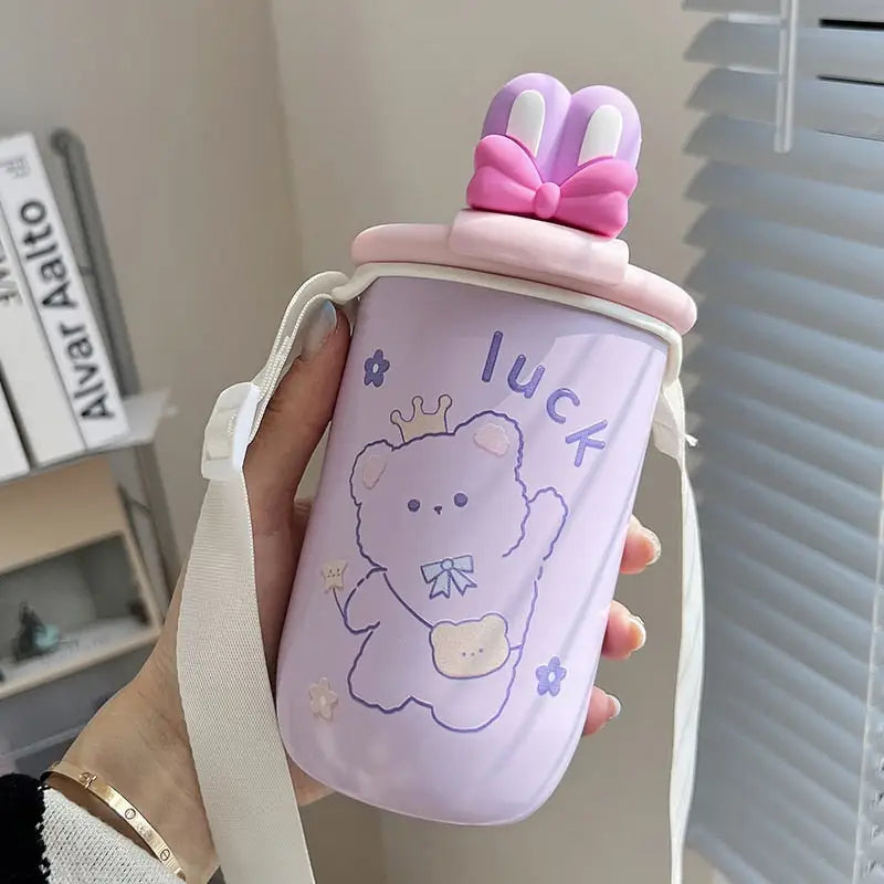 Kids Kawaii Water Bottle with Strap - 450ml / Purple Cute