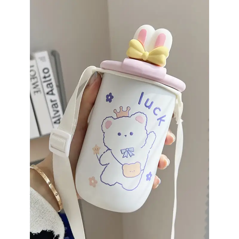 Kids Kawaii Water Bottle with Strap - 450ml / White Bunny