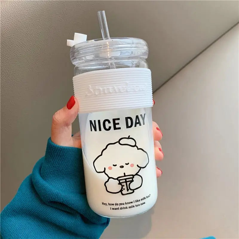 Kids Kawaii Water Bottle with Straw - Clear Nice Day