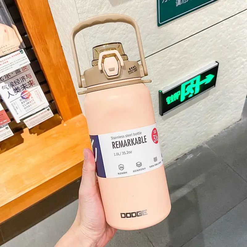 Outdoor Sport Stainless Steel Water Bottle - 1L Pink