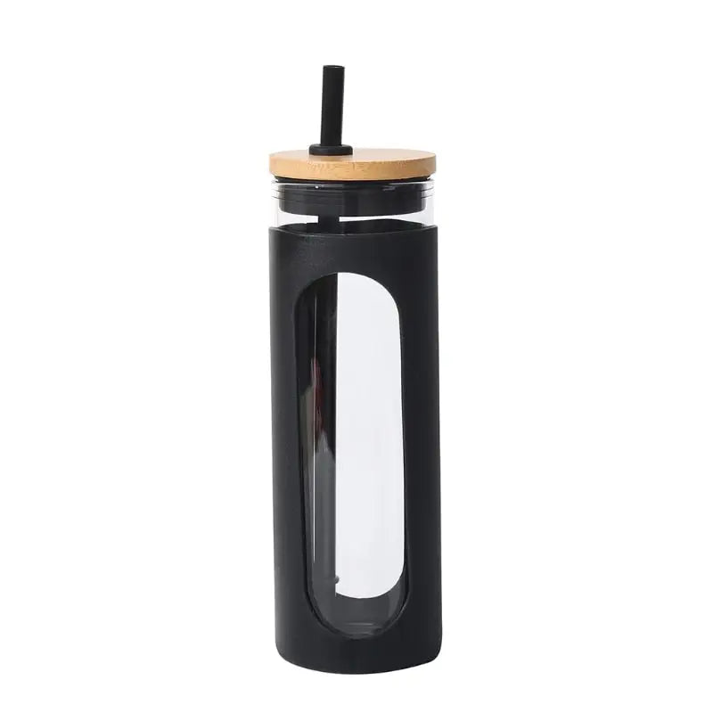 Silicone Bamboo Glass Water Bottle - 590ML / Black