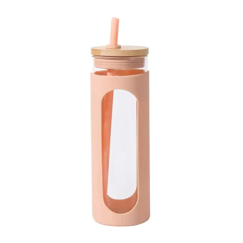 Silicone Bamboo Glass Water Bottle - 590ML / Pink