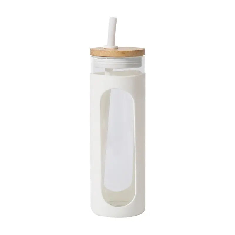 Silicone Bamboo Glass Water Bottle - 590ML / White