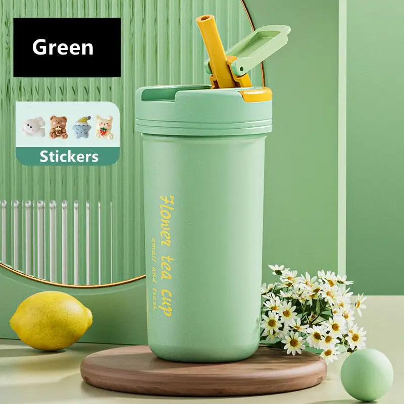 Vacuum Flask Coffee Thermos - 430ml / Green With Stickers