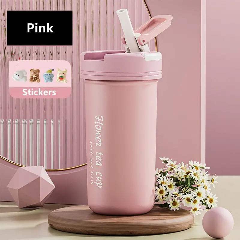 Vacuum Flask Coffee Thermos - 430ml / Pink With Stickers