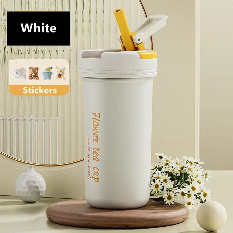 Vacuum Flask Coffee Thermos - 430ml / White With Stickers
